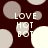 Dark red background with light gray and white circles; text 'LOVE HOT BOT' in pixelated font, some letters partially obscured by circular shapes.