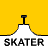 Animated contact sheet of a stick figure performing skateboarding tricks on yellow ramps with white bases, labeled "SKATER" across each frame.