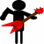 Four black stick figures holding red electric guitars in various poses against a white background.