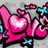 Pixelated pink graffiti-style text with heart-shaped letters, blue stars, and small pink hearts on a gray background.