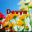 Pixelated image with red text 'Devyn' overlaid on a background of colorful flowers and blue sky.