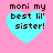 Four identical cyan hearts on pink background with dark brown text reading 'moni my best lil' sister!' inside each heart.