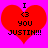 Red heart-shaped icon with black text "I <3 you JUSTIN!!!" on bright pink background, two identical static frames shown side-by-side.