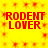 Yellow background with red pixelated text "RODENT LOVER" repeated four times in a pattern, surrounded by red starburst shapes