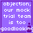 Purple square icon with white pixelated text reading "objection, our mock trial team is too goodlooking" and a small dark purple chess piece symbol.