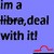 A blue background displays repeated text "im a Hbra,deal with it!" in black pixelated font with red and yellow wave-like lines above the text.