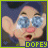 A 48x48 pixel animated contact sheet showing two frames of a cartoon character with large ears, blue sunglasses, and pink lips against a dark background, with "DOPEY" text at the bottom.