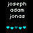 Pixelated text 'joseph adam jonas' above cyan and teal plus signs on black background, with animation changing sign colors.