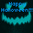 Pixelated teal ghost face with glowing eyes and jagged mouth, blue 'Happy Halloween!!!' text above on dark background.