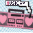 Pixelated pink boombox with heart symbols and 'MUSIC' text in a speech bubble on light blue patterned background.
