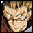 Pixelated anime-style character with light brown hair and glasses, wearing a red and blue outfit, next to stylized text on a black background.