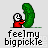 Pixelated character in red shirt holds large green pickle, text below reads 'feelmybigpickle' in blocky font.