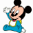 Pixelated cartoon character with black ears, blue overalls, yellow shoes, and red bow tie, holding a white object in one hand.