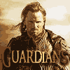 Four static display characters with overlaid text forming 'Guardians of Middle Earth' in gold lettering