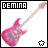 Pixelated pink electric guitar with gray neck and headstock, black 'DEMINA' text in top-left corner, two distinct heart symbols at bottom corners.