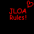 Red pixelated text 'JLOA Rules!' appears twice on a black background with a red heart symbol above the left instance.