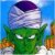 Pixelated green figure with white eyes and a purple-topped white headpiece against a blue background.