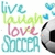 Pixelated graphic with 'live laugh love soccer' text, blue hearts, and a partial soccer ball on white background.