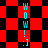 Red and black checkered background with cyan text 'WOW! :]' vertically aligned in the center, transitioning from a to diamond pattern