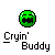 Green pixelated sphere with black mouth and white eyes, two versions showing different eye expressions beneath text.