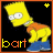 Pixelated yellow cartoon character with orange shirt and blue pants, head turned left, black background, 'bart' text below, plus sign in top corner.