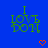 Green pixelated text "I LOVE DOM" on blue background with two red heart icons below, one left and one right.