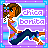 Pixel art contact sheet of a 4x3 grid showing animated frames of a cartoon woman dancing with text "chica bonita" on purple and blue background.