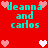 Red background with cyan text 'deanna and carlos' surrounded by pink and white pixelated hearts in two distinct arrangements.