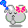 A 4-frame pixel art animation of a gray cartoon hamster with closed eyes, pink cheeks, and a large pink-and-yellow bow on its head, showing subtle pose changes across frames while holding a blue question mark prop in some versions.