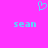 A static pixel art image with a bright pink background, featuring two light blue 'sean' text labels and one light blue heart symbol above them.