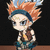 Pixelated character with spiky orange hair and blue headband, wearing brown vest over blue outfit, standing against black background with brown base.