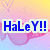 Pixelated graphic with gradient background transitioning from yellow to pink to light blue, featuring bold blue text 'HaLeY!!' in a white rectangular box.