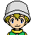 Pixel art contact sheet of a character with blonde hair and white bucket hat in various expressions across 8 frames, wearing green shirt with yellow collar on gray background.