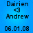 Blue background displays repeated text elements including names, a heart symbol, and date in pixelated font across two