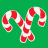 Green square background with two red-and-white striped candy canes crossed in the center, surrounded by diagonal red and white stripes on a gray base.