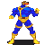 Pixelated character in blue and gold costume with red eyes, performing sequential animation frames showing arm movement from raised to lowered positions.