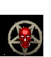 Red skull rotates within a metallic pentagram on black background, showing front to side views in sequence.