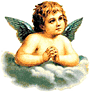 A cherub with curly brown hair and green wings sits on a cloud, hands clasped in prayer pose.