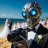 Pixelated figure with glowing blue eyes stands on a beach, holding a white object against a blue sky and ocean background.