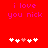Red background with pink text reading 'i love you nick' and a of six white and pink heart icons below