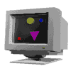 computer monitor icons with changing geometric shapes and colors on their screens