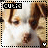 Pixelated dog face with brown and white fur, closed eyes, and a small nose; black text 'CUTIE' in top-left corner; heart symbol at bottom-right.