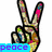 Four pixelated peace sign hands with 'peace' text on colored bars, each hand has multicolored mosaic pattern.