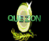 Animated sequence showing a green 'QUEZON' text fading out from left to right over a circular yellow-green icon with leafy base and white sparkles.