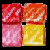 six circular black text bubbles on a multicolored background with four square food-like images in the top-left corner