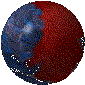 A spherical avatar with red and blue hemispheres, transitioning through phases of text overlay from 'WAF' to 'WAFF', then 'WAF', and finally no text.