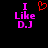 Two side-by-side pixelated text displays with 'I Like D.J' in pink and a red heart symbol above the left version on black background.