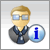 Pixelated figure with light brown hair and glasses, wearing dark suit jacket over blue shirt, holding blue 'i' symbol in circular bubble.