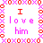 repeated 'i love him' text in varying colors and case, bordered by red and pink pixelated patterns with a gray corner overlay