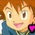 Pixelated anime-style character with brown hair and blue shirt on left; same character in red cap with green emblem, Pikachu beside him on right. Red background with blue text.